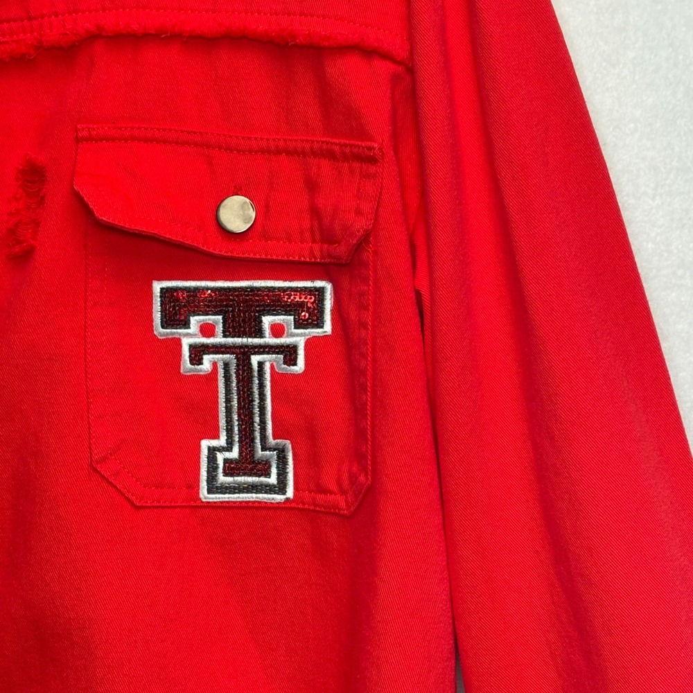 Texas Tech Red Raiders Denim Shirt Jacket Womens XL Distressed Sequin Guns Up - Picture 7 of 11